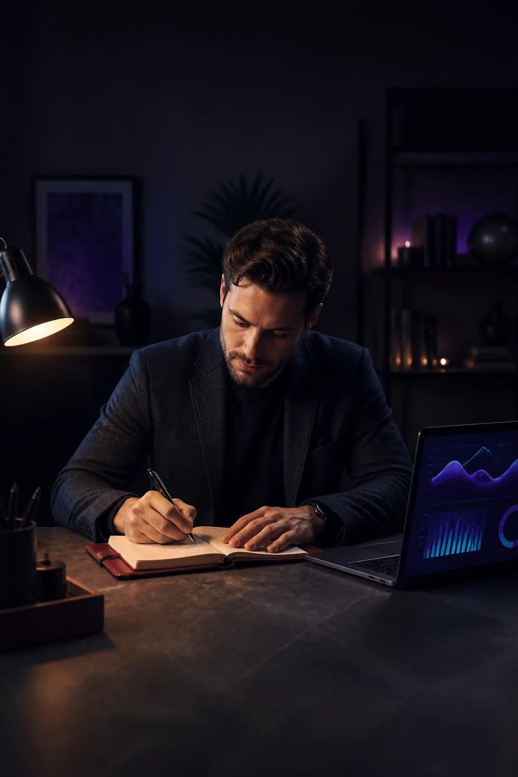 Author writing strategy notes alongside AI-powered data tools