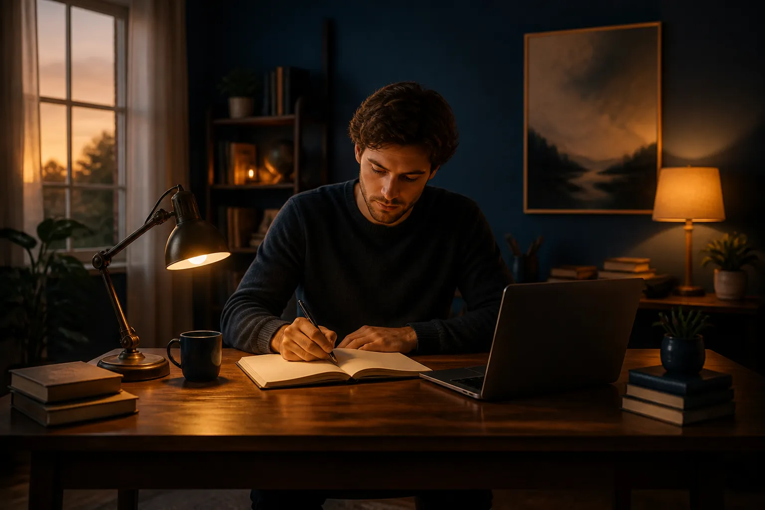Writer's desk with manuscript notes and laptop at golden hour