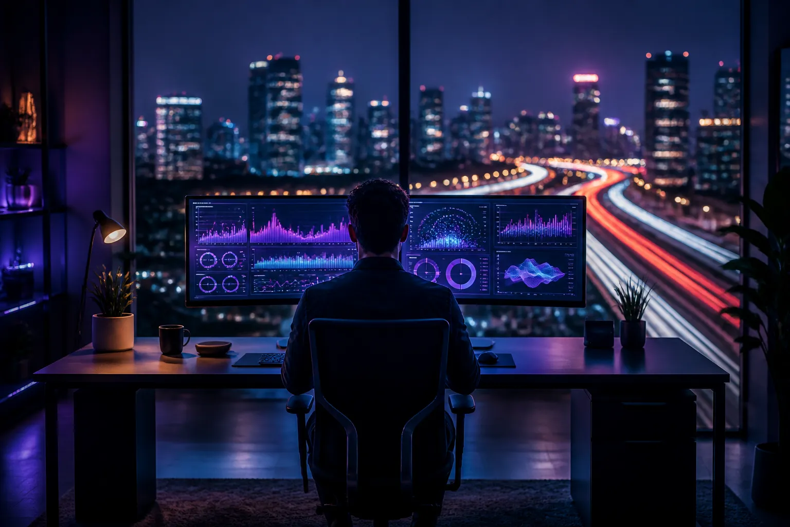 AI marketing automation dashboard on a night workstation with city lights
